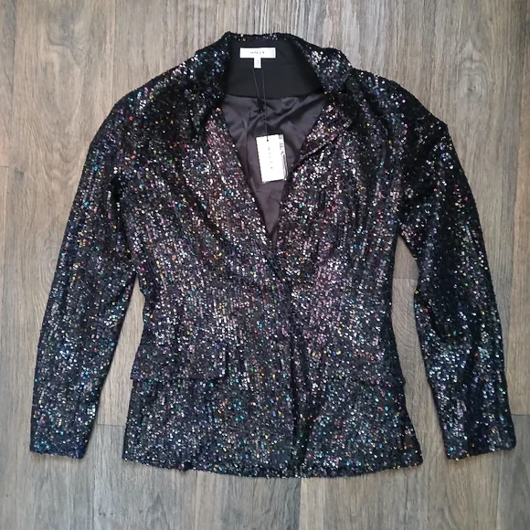 NWT MILLY Confetti Sequin Fitted Blazer in Black Multi - Picture 2 of 16